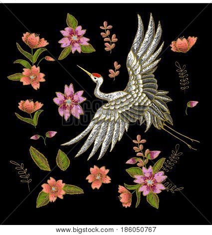 Japanese white crane and flowers elements. Embroidery vector.