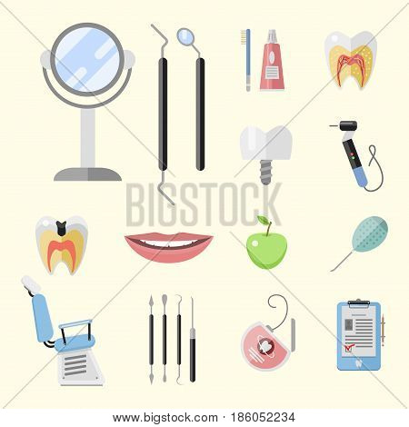 Flat health care dentist symbols research medical tools healthcare system concept and medicine instrument hygiene stomatology engineering vector illustration. Oral clinical enamel ambulance equipment.