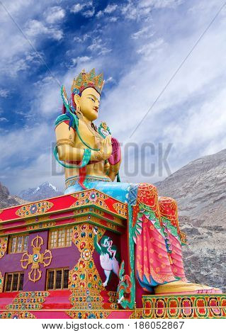Statue of Maitreya Buddha near Diskit Monastery in Nubra Valley, Jammu and Kashmir, India.