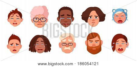 Set of faces crying person. Different sad people, children, young, adults, old collection. Colorful vector illustration in cartoon style