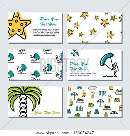 Vector six card template - summer time - windsurfing, palm tree, seafish ans other vacation linear icons