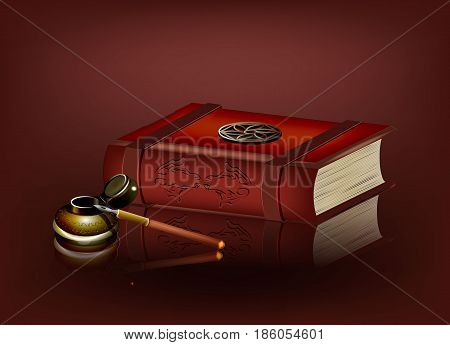Realistic book with ink on a red background. Vector illustration.