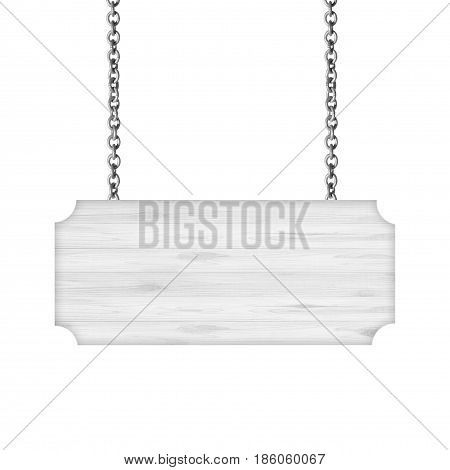 White Wooden sign hanging on a chain isolated on white