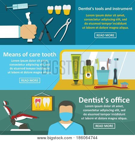 Dentist tool banner horizontal concept set. Flat illustration of 3 dentist tool vector banner horizontal concepts for web