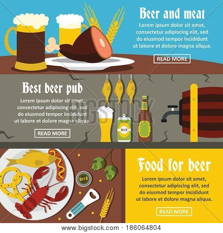 Beer pub food banner horizontal concept set. Flat illustration of 3 beer pub food vector banner horizontal concepts for web