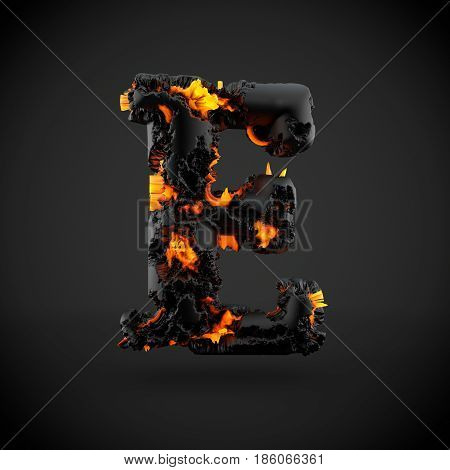 Volcanic Alphabet Letter E Uppercase Isolated On Black Background.