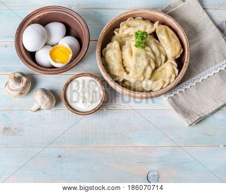 Cooked eastern european dumplings, vareniki with sour cream, additional space for text left, topshot