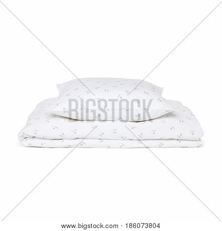 White Pillow And Soft Blanket Isolated On White Background. Bed Linen