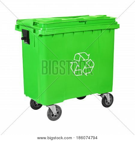 Green Recycle Bin Isolated on White Background. Plastic Waste Disposal Bin. Trash Can