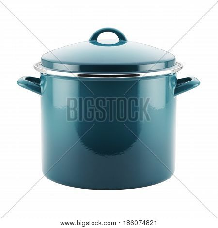 Marine Blue Enamel Coating Nonstick Stockpot With Lid Isolated on White Background. Cooking Pots. Enamel on Steel Cooking Pan