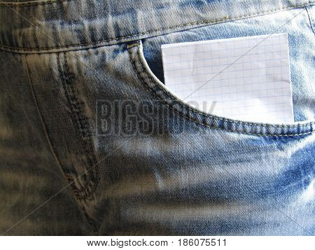 Blank sheet in a clothing pocket for notes or inscriptions