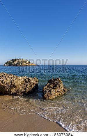 Scenic view of the Portinho da Arrabida beach in Setubal Portugal; Concept for travel in Portugal