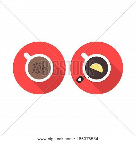 offee and tea in red circles. concept of morning breakfast, arabica, chocolate, tea party or break, coffeehouse. isolated on white background. flat style trend modern logo design vector illustration