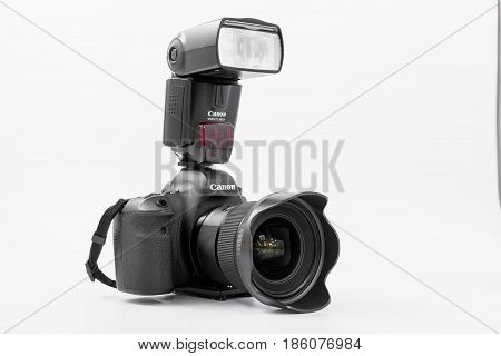 GOMEL BELARUS - May 12 2017: Canon 6d camera with lens on a white background. Canon is the world's largest SLR camera manufacturer