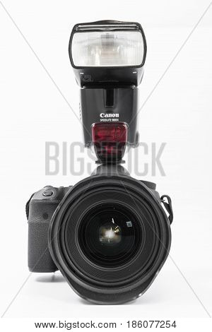 GOMEL BELARUS - May 12 2017: Canon 6d camera with lens on a white background. Canon is the world's largest SLR camera manufacturer
