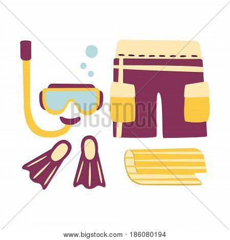 Shorts, fins, snorkel and mask for diving. Colorful cartoon Illustration isolated on a white background