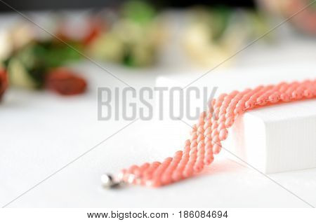 Handmade Beaded Bracelet Coral Color Close Up