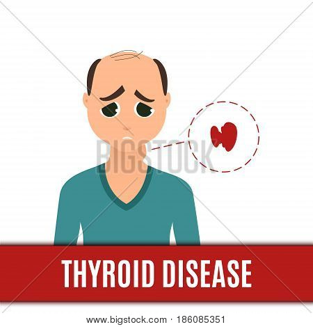 Thyroid gland disorder poster. Man with hyperthyroidism disease and goiter. Body anatomy sign. Human endocrine system. Medical internal organ vector illustration.