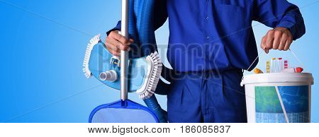Concept Swimming Pool Maintenance Worker With Blue Background