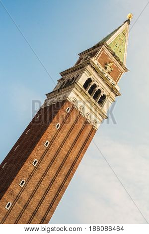 St Mark's Bell tower of St Mark's basilica in Venice Italy. Found in Piazza San Marco it is one of the most recognisable symbols of the city.