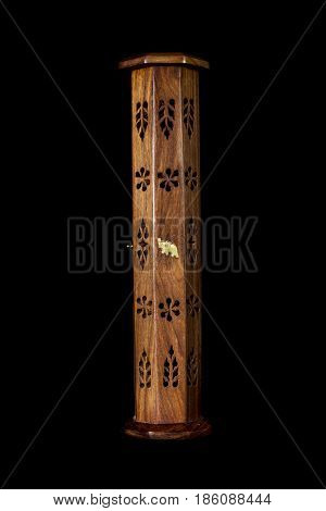 Wood Incense Burner With Bronze Elephant Inlay