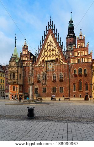 view of old gothic town hall building in Wroclaw, Poland