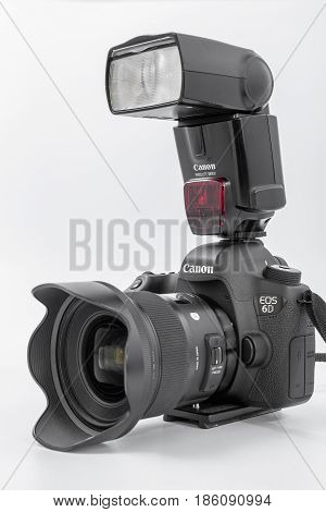 GOMEL BELARUS - May 12 2017: Canon 6d camera with lens on a white background. Canon is the world's largest SLR camera manufacturer