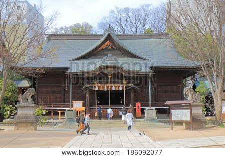 NAGANO JAPAN - APRIL 19, 2017: Unidentified people visit Yohashira shrine on historical Nawate street in Matsumoto.