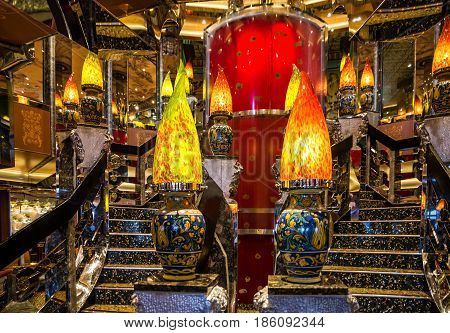 Cruise liner Costa Mediterranea - May 12, 2017: Decorative lamps in modern interior of cruise liner Costa Mediterranea