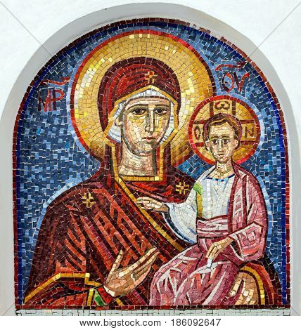 Ostrog, Montenegro - may 7, 2017: Virgin Mary - mosaic icon in rocky Serbian Orthodox Christian monastery Ostrog in mountains Montenegro