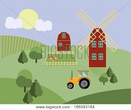 Farm with animals, tractor, mill and plants agriculture illustration vector fresh