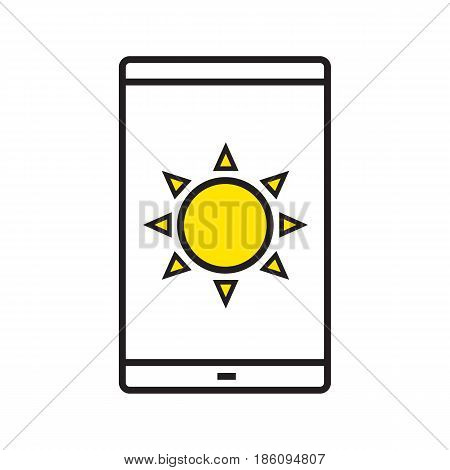 Smartphone solar charging linear icon. Thin line illustration. Weather forecast app. Smart phone with sun contour symbol. Vector isolated outline drawing