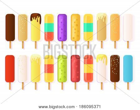 A set of cartoon rectangular ice cream icons on a stick of different types and colors. Eskimo sprinkled with nuts with vanilla chocolate with the bushy berries sucking. For presentations.