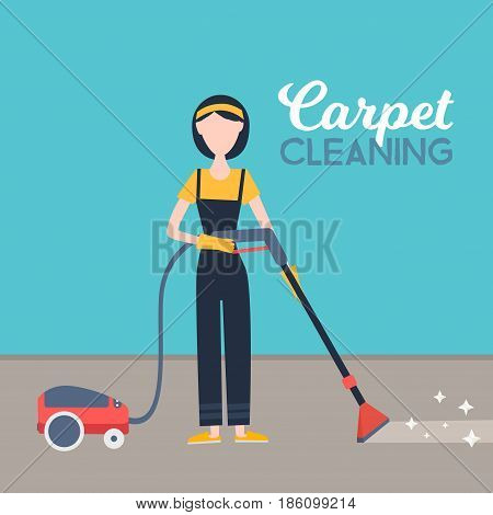 Woman cleaning carpet with vacuum cleaner at home. Hugiene concept vector ilustration.
