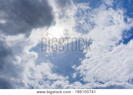 View on beautiful white clouds in a blue sky. Clouds and Skies in the Morning. 
The Sun behind Clouds. Fresh Air. Cloudy Weather. Cloud Formations. White Clouds