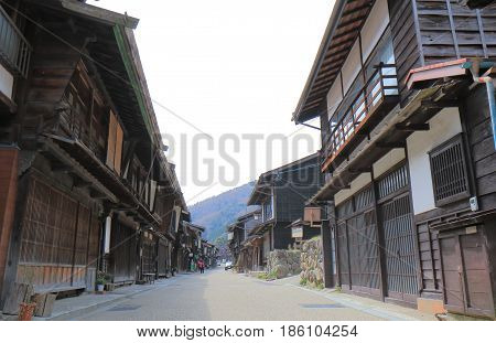 Naraijyuku historical house street in Kiso Nagano Japan. Naraijyuku is famous for preserved traditional houses and accommodation.