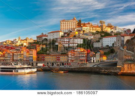 Douro river, Ribeira and Dom Luis I or Luiz I iron bridge in the sunny morning Porto, Portugal.