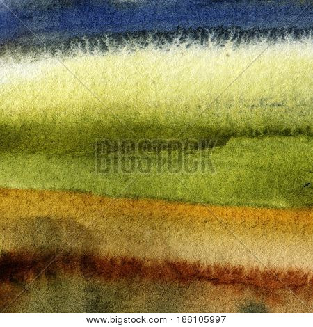 Watercolor background with green and brown horizontal stripes. Hand-drawn illustration.