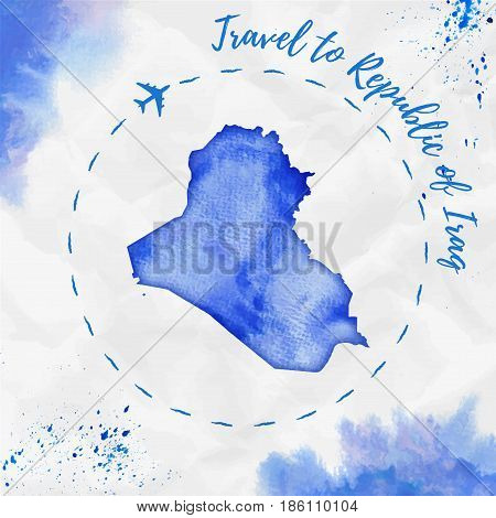 Republic Of Iraq Watercolor Map In Blue Colors. Travel To Republic Of Iraq Poster With Airplane Trac