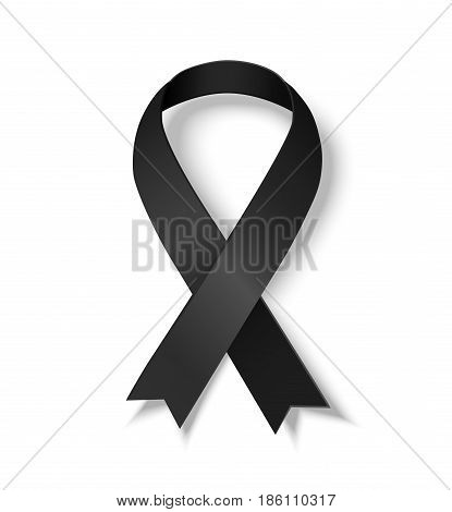 Black awareness ribbon. Symbol of Melanoma. Vector illustrarion of black ribbon with shadow isolated on white background