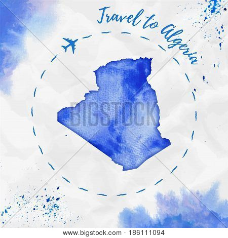 Algeria Watercolor Map In Blue Colors. Travel To Algeria Poster With Airplane Trace And Handpainted
