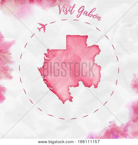 Gabon Watercolor Map In Red Colors. Visit Gabon Poster With Airplane Trace And Handpainted Watercolo