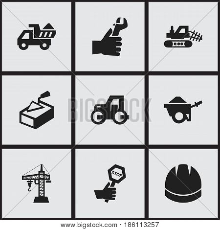 Set Of 9 Editable Building Icons. Includes Symbols Such As Elevator, Mule, Trolley And More. Can Be Used For Web, Mobile, UI And Infographic Design.