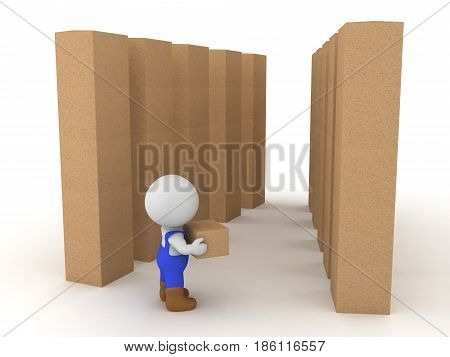 3D Character dressed as blue collar worker carrying box in a wharehouse. Image depicting working class job.