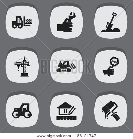 Set Of 9 Editable Construction Icons. Includes Symbols Such As Endurance, Scrub, Mule And More. Can Be Used For Web, Mobile, UI And Infographic Design.
