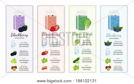Different smoothie recipes, labels - berries, detox, milk, healthy drinks. Mint, cucumber, bok choy, strawberry, blackberry, blueberry, peanut, hazelnut in recipes. Made in cartoon flat style.