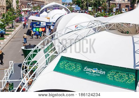 Kyiv, Ukraine - May 12h, 2017: The central fan zone of Eurovision 2017 in Kiev. Guests and residents of the capital are happy and celebrating