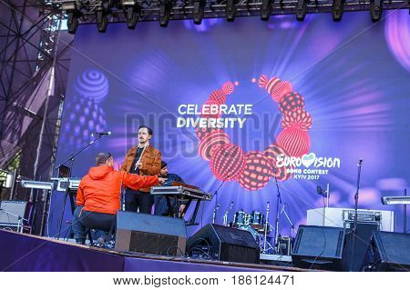 Kyiv, Ukraine - May 12h, 2017: The central fan zone of Eurovision 2017 in Kiev. Guests and residents of the capital are happy and celebrating