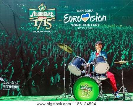 Kyiv, Ukraine - May 12h, 2017: The central fan zone of Eurovision 2017 in Kiev. Guests and residents of the capital are happy and celebrating