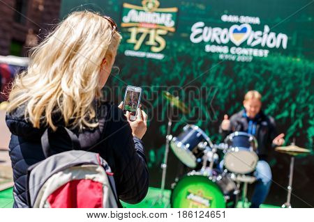 Kyiv, Ukraine - May 12h, 2017: The central fan zone of Eurovision 2017 in Kiev. Guests and residents of the capital are happy and celebrating